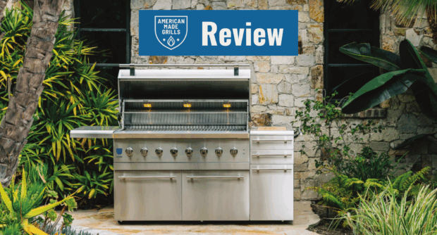 American Made Grills review featuring a luxury stainless steel outdoor grill in a landscaped backyard setting