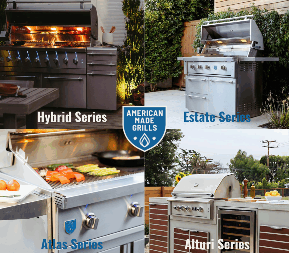 2025 American Made Grills Series featuring Hybrid Grills, Estate Grills, Atlas Grills, and Alturi Grills in a luxury outdoor kitchen collage