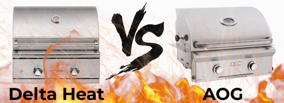 Delta Heat vs AOG built in barbecue grills comparison – front view of two compact stainless steel models with flames and bold VS graphic in background.