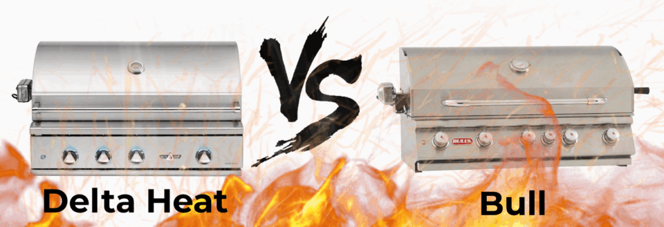 Delta Heat vs Bull Grills – Side-by-Side Image of Built-In Gas Grills with Fire and VS Graphic