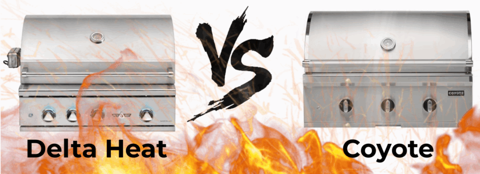 Delta Heat vs Coyote Grills – Side-by-Side Image of Built-In Gas Grills with Flames and VS Graphic