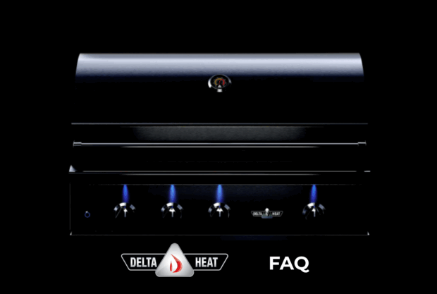 Delta Heat FAQ image showing a black Delta Heat grill with blue LED lights and brand logo.