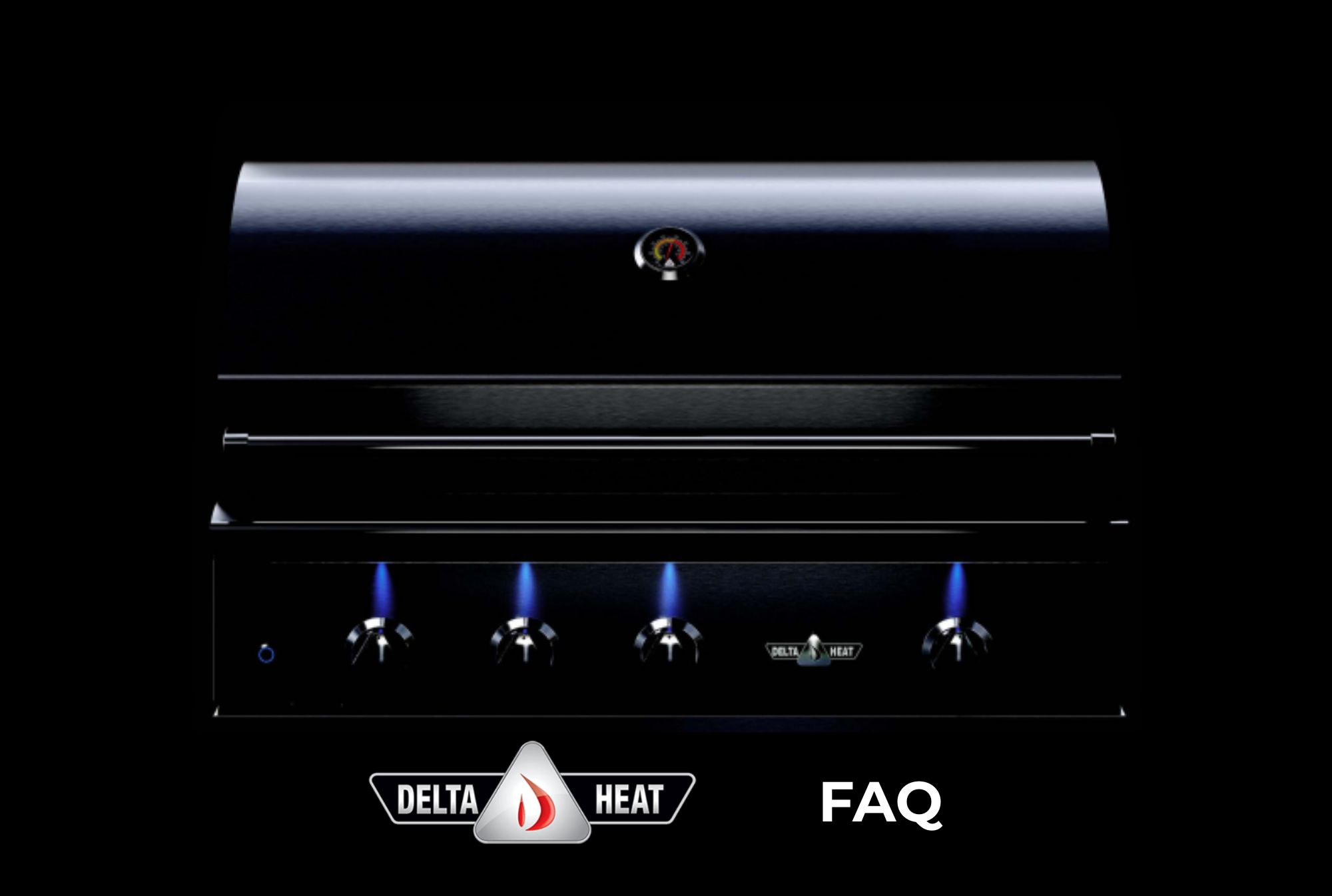 Delta Heat FAQ image showing a black Delta Heat grill with blue LED lights and brand logo.