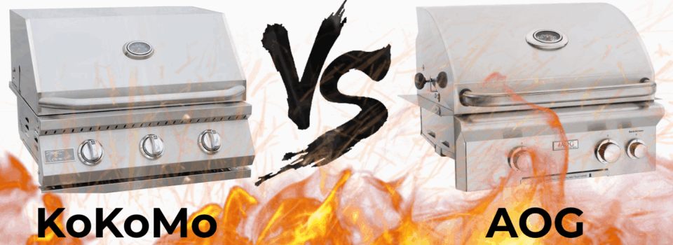 KoKoMo 26-Inch vs AOG 24-Inch built-in gas grill comparison with fire background