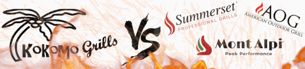KoKoMo Grills vs Competitors graphic featuring logos of Summerset, AOG, and Mont Alpi with a fiery background
