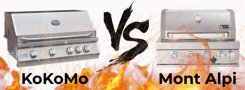 Side-by-side comparison image of the KoKoMo Professional 32-Inch Built-In Grill vs Mont Apli 400 32-Inch Grill, with flames and a bold "VS" graphic between them