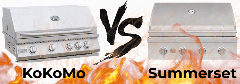 Side-by-side comparison image of the KoKoMo Classic 32-Inch Built-In Grill vs Summerset Sizzler 32-Inch Grill, with flames and a bold "VS" graphic between them