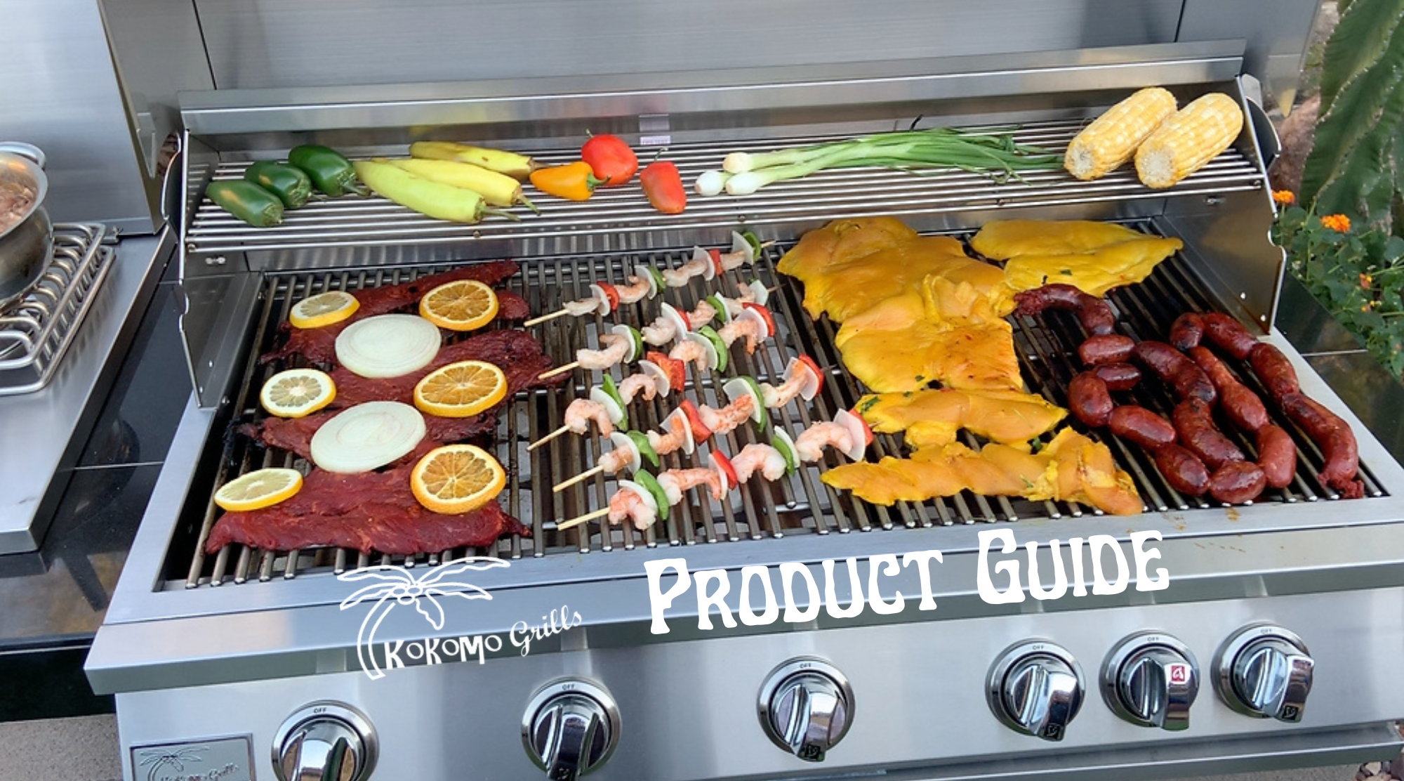 KoKoMo Grills Product Guide featured image showing loaded stainless steel built-in grill with meats, vegetables, and shrimp skewers