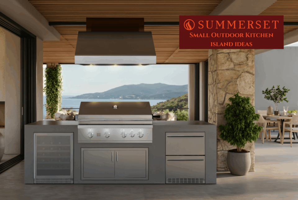 Summerset small outdoor kitchen islands ideas - island with built-in grill, refrigerator, and storage drawers overlooking ocean view