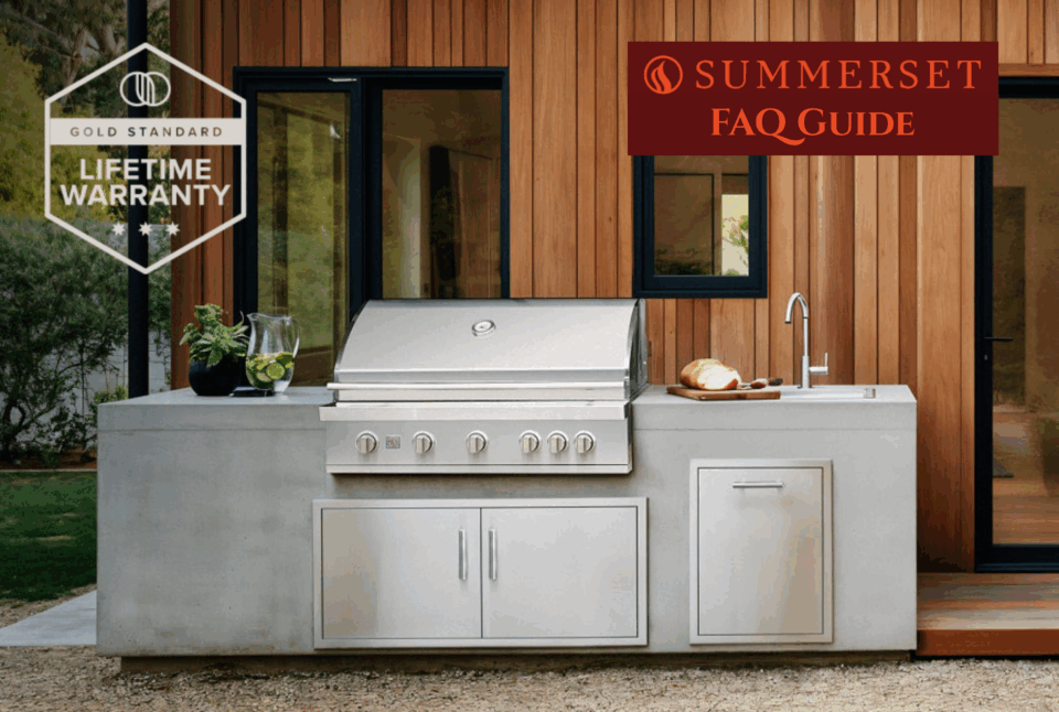 Summerset Grills FAQ guide featuring built-in stainless steel grill island with sink, modern outdoor kitchen setup, and lifetime warranty badge