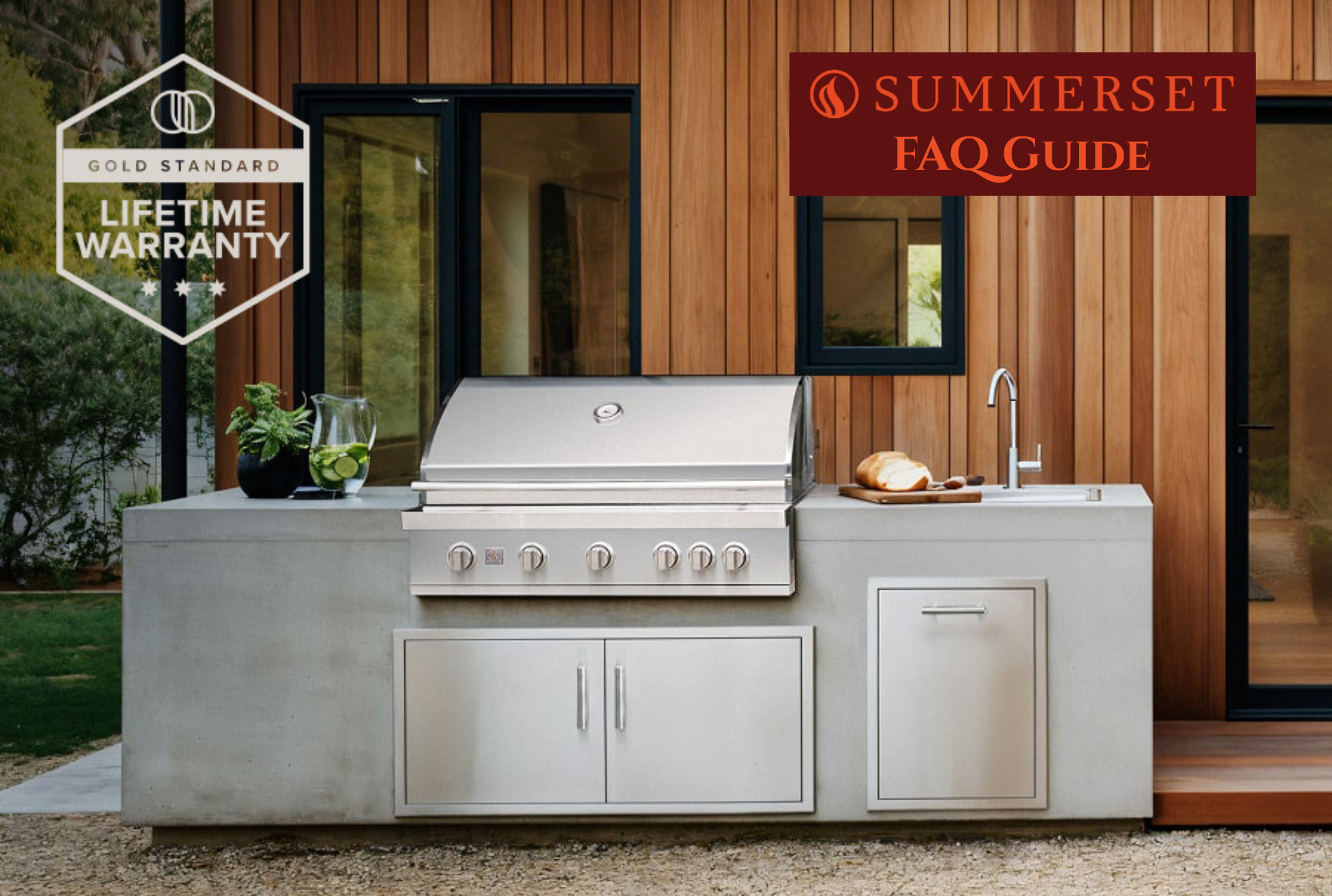 Summerset Grills FAQ guide featuring built-in stainless steel grill island with sink, modern outdoor kitchen setup, and lifetime warranty badge