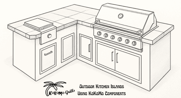 L-shaped outdoor kitchen island sketch featuring a built-in KoKoMo grill, side burner, and storage components, ideal for small outdoor kitchen islands.