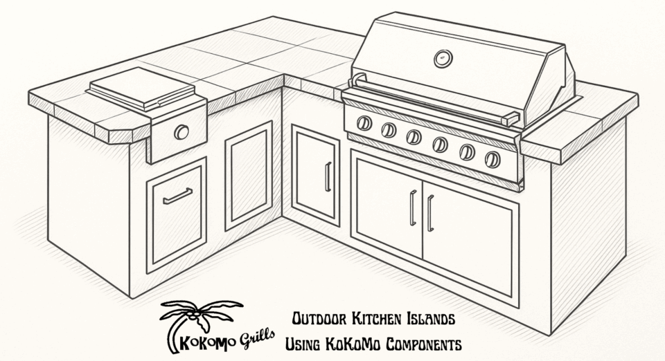 L-shaped outdoor kitchen island sketch featuring a built-in KoKoMo grill, side burner, and storage components, ideal for small outdoor kitchen islands.
