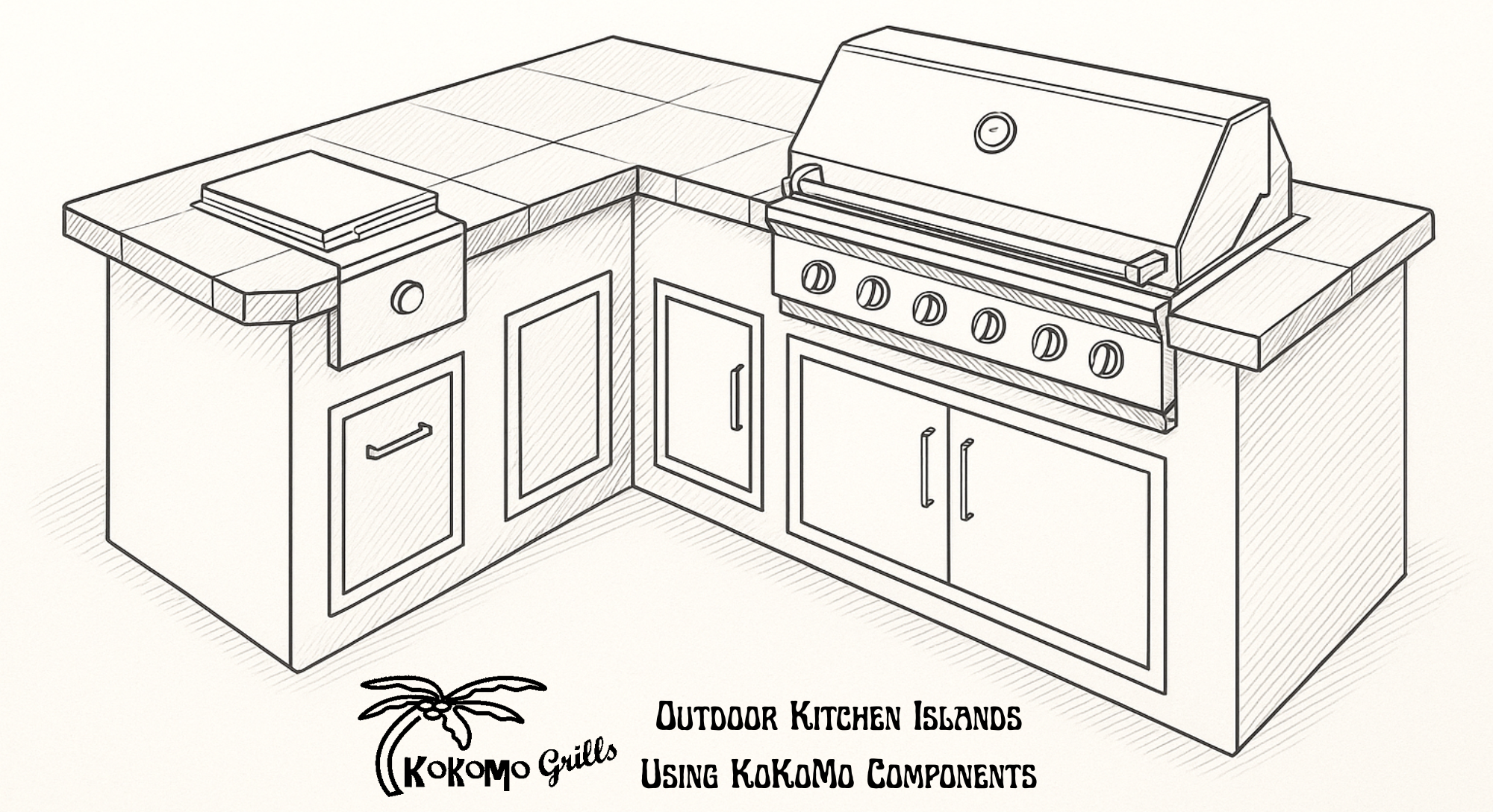 L-shaped outdoor kitchen island sketch featuring a built-in KoKoMo grill, side burner, and storage components, ideal for small outdoor kitchen islands.