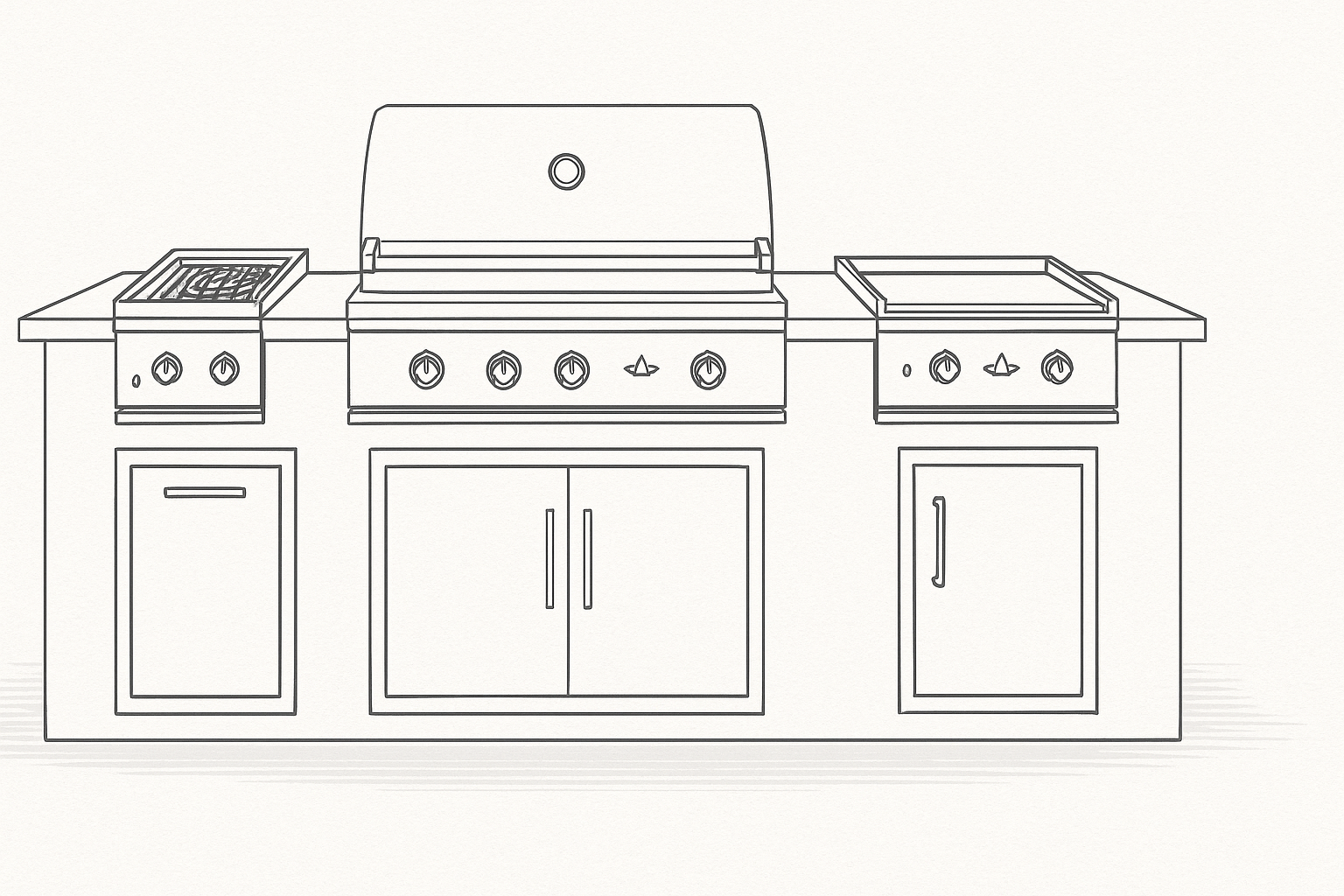 Delta Heat outdoor kitchen island sketch with built in grill, power burner, Teppanyaki griddle, access doors, and trash drawer