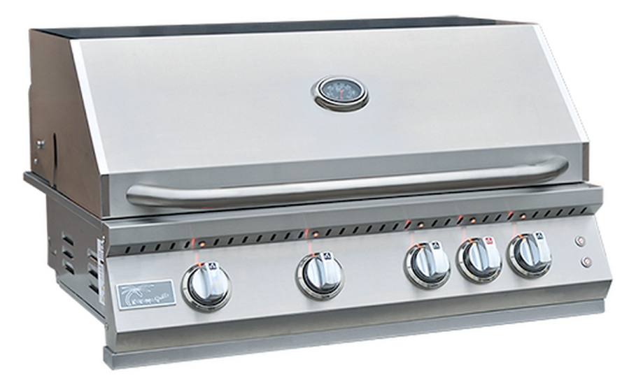 a stainless steel grill with knobs