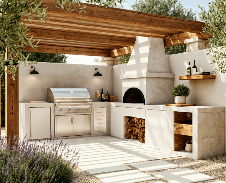 Summerset outdoor kitchen with built-in grill and fireplace under pergola