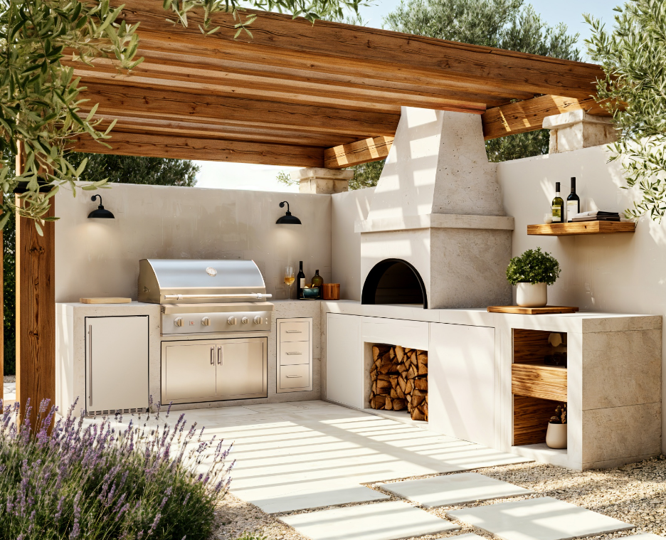 Summerset outdoor kitchen with built-in grill and fireplace under pergola