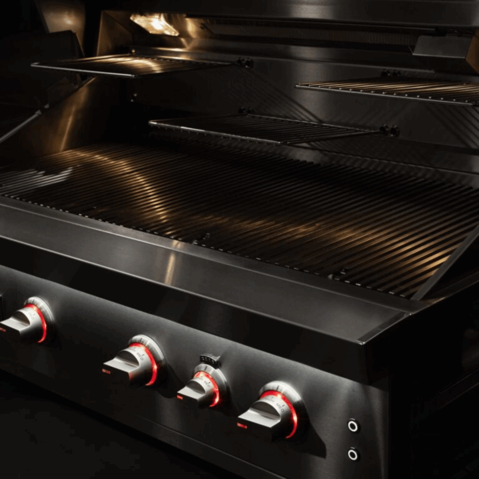 Close-up of Summerset Quest 36-Inch 3-Burner Grill with rear infrared burner and LED-lit control knobs.