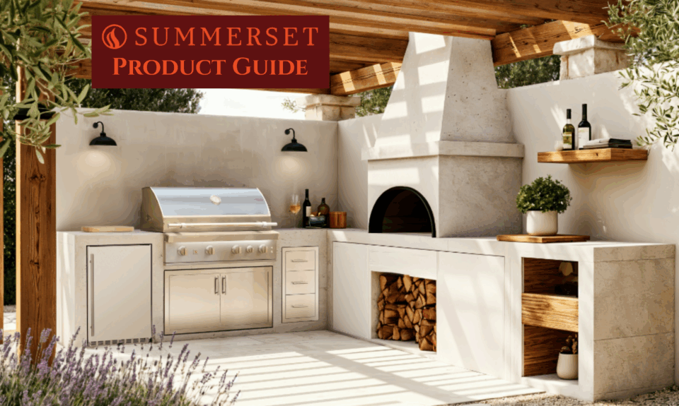 Summerset Grills outdoor kitchen island with built in grill, pizza oven, and storage in a modern SoCal backyard setup.