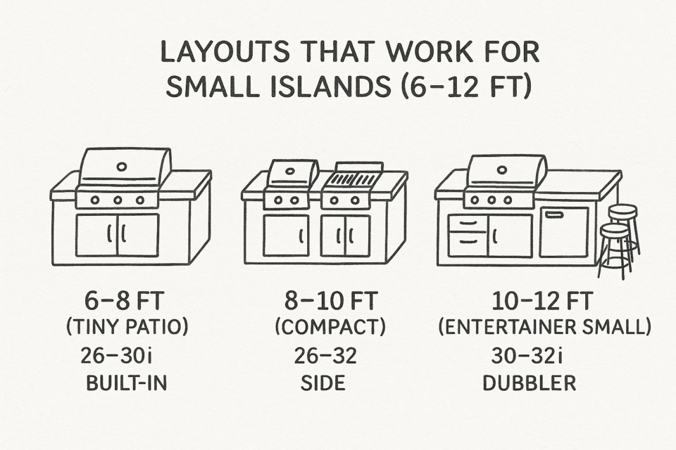 Hand-drawn black and white sketch of three small outdoor kitchen island layouts, labeled 6–8 ft Tiny Patio, 8–10 ft Compact, and 10–12 ft Entertainer Small, each with a grill and various storage or seating features.