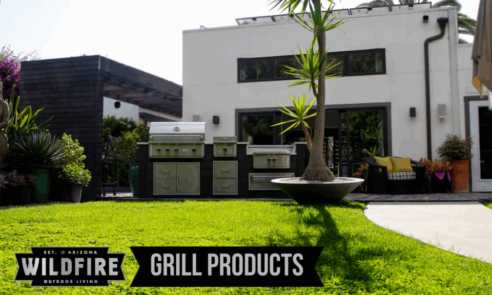 Wildfire Grill Products outdoor kitchen setup with built-in grill, side burner, and storage in a modern backyard