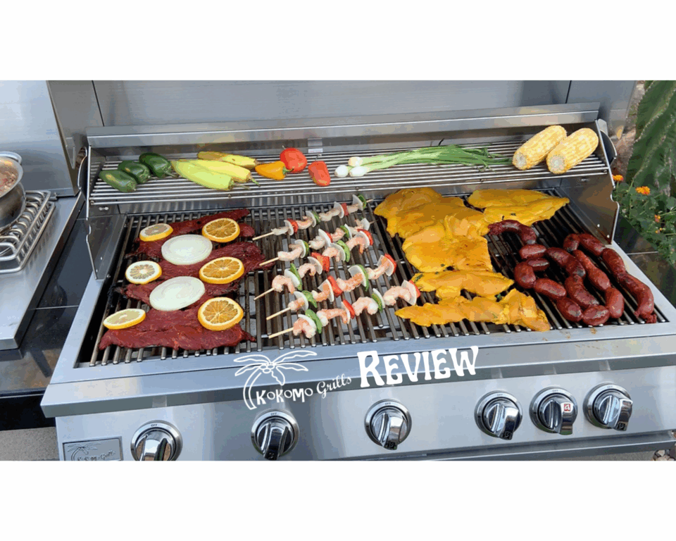 KoKoMo Grills 5-burner gas grill loaded with meats, veggies, and skewers — featured in Best of Backyard’s 2025 brand review