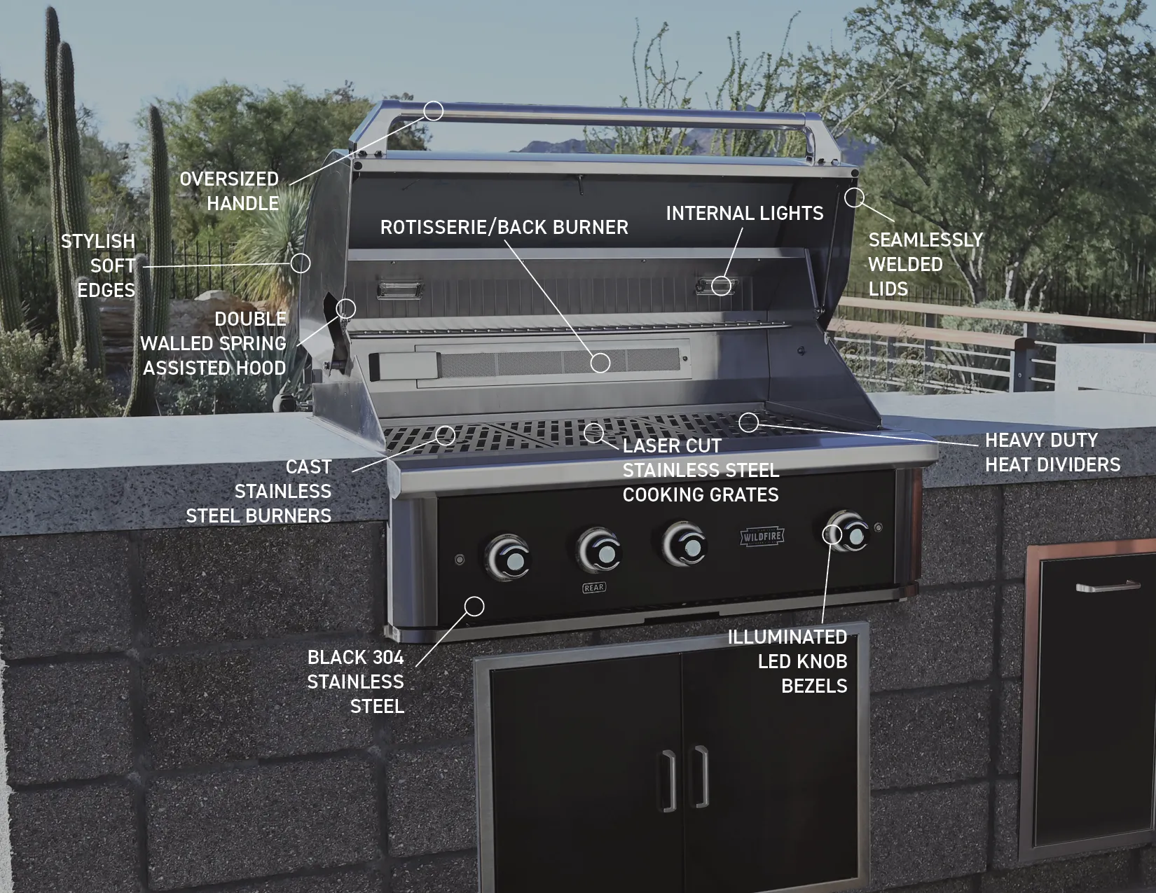 Wildfire Ranch Pro Series grill with black 304 stainless steel, LED knob bezels, and stainless steel cooking grates in outdoor kitchen setup.