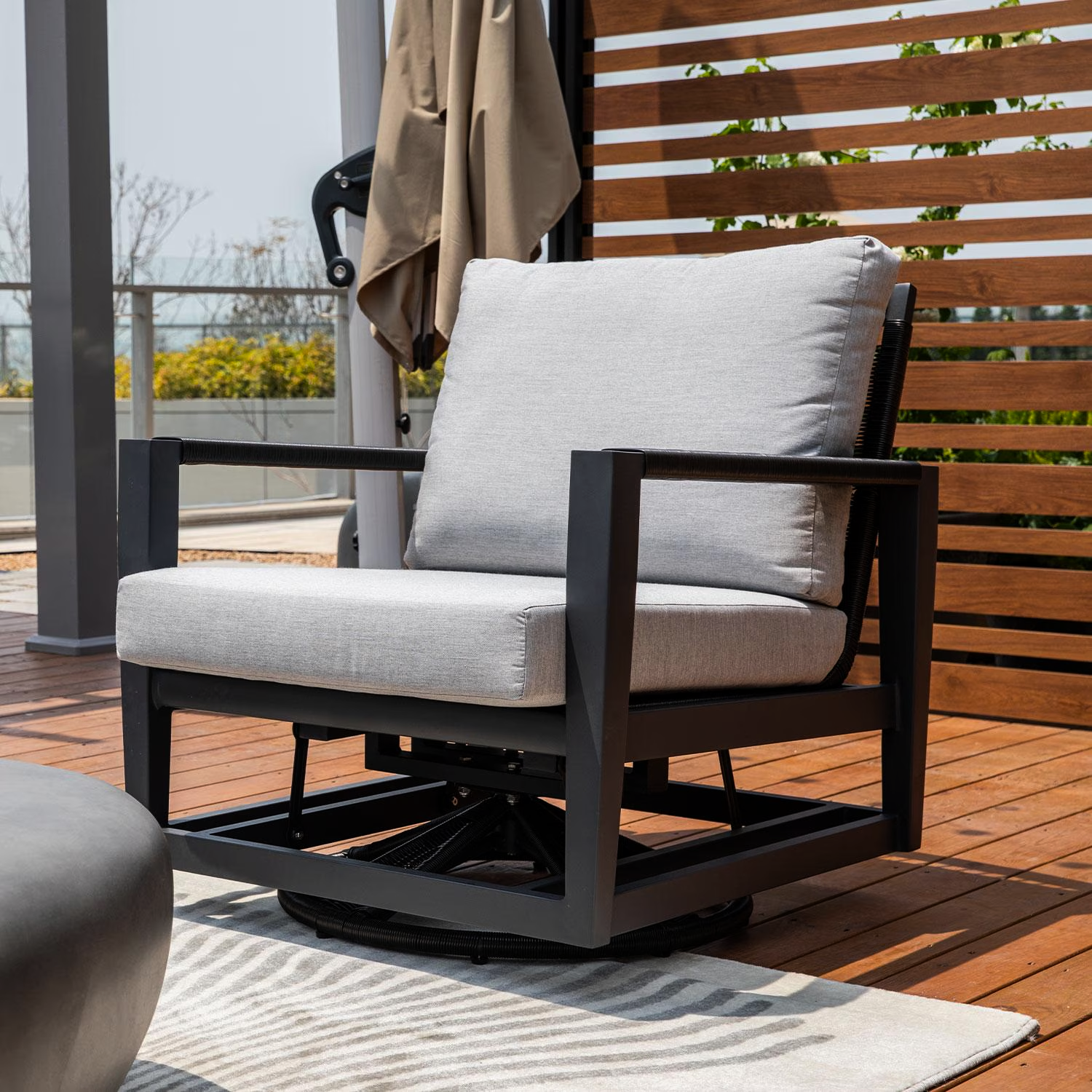 Elementi OS-2506W Laguna Outdoor Aluminum Swivel Club Chair w Sunbrella Cushions - Patio - Lifestyle Elementi OS-2506W Laguna Outdoor Aluminum Swivel Club Chair w Sunbrella Cushions - Patio - Lifestyle