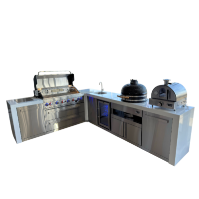 Mont Alpi Deluxe Series L-Shaped Propane Outdoor Kitchen Island w Side Burner, Beverage Center & Kamado - MAi805-D90BEV+MA-KM