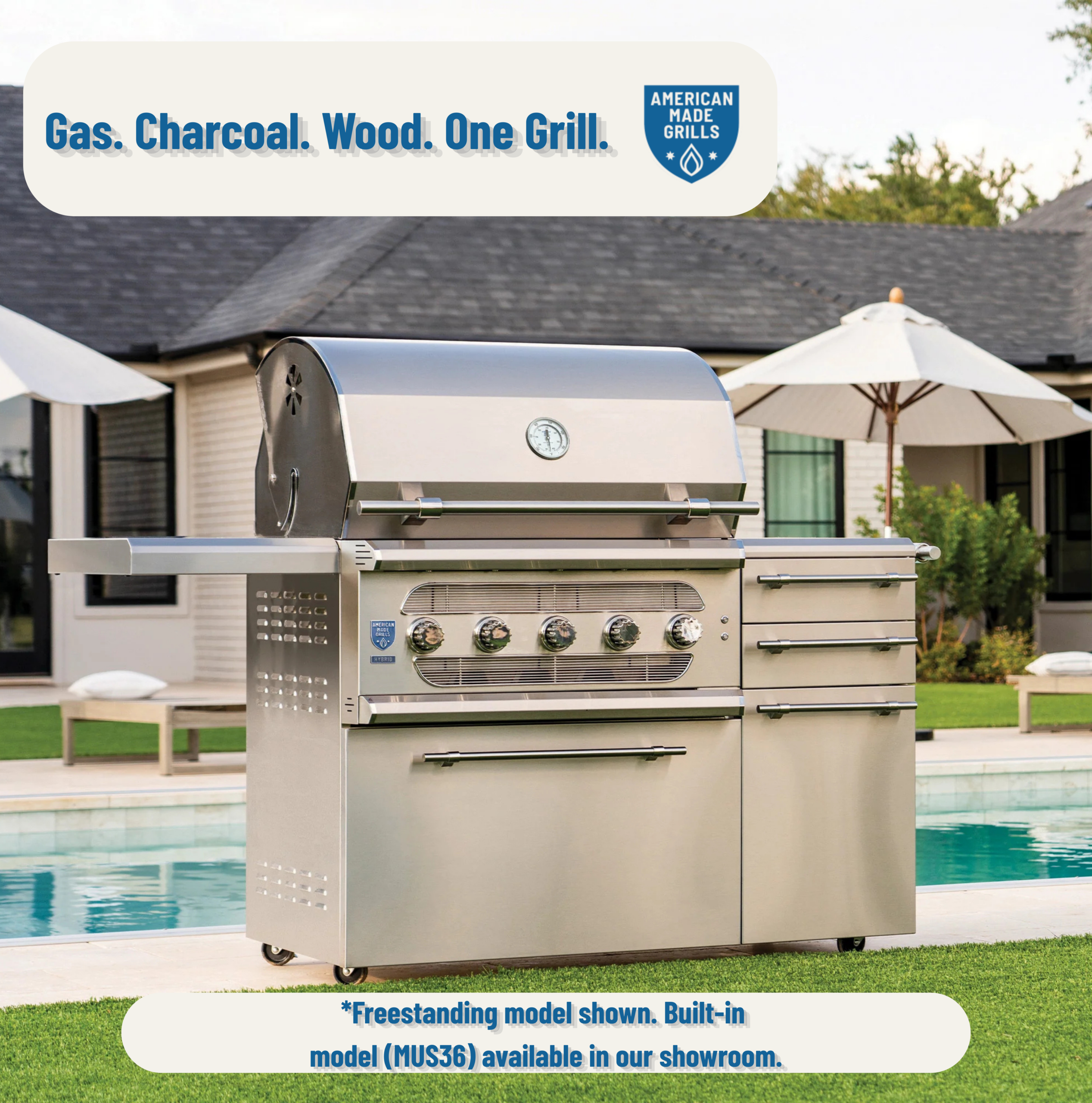 American Made Grills Muscle hybrid grill review – American Made Grills Muscle 36-inch built-in hybrid grill with multi-fuel cooking capability in outdoor kitchen
