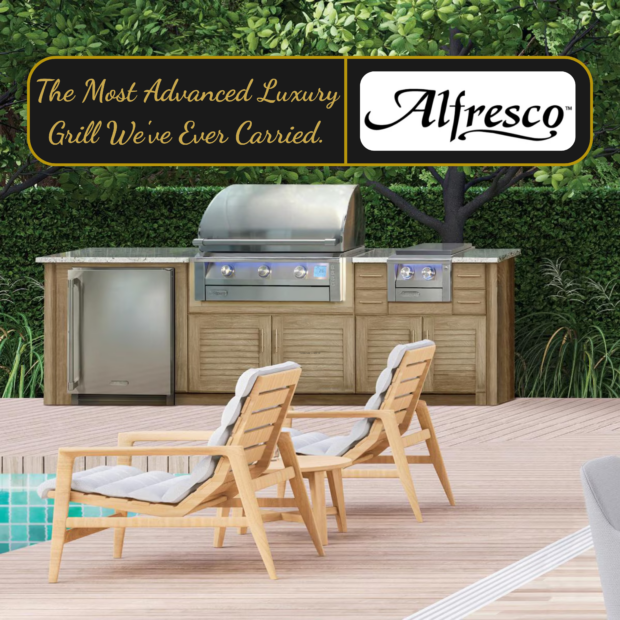 Alfresco AIPG grill review – Alfresco AIPG-36-NG 36-inch 3-burner built-in natural gas grill with Bluetooth smart controls in luxury outdoor kitchen island