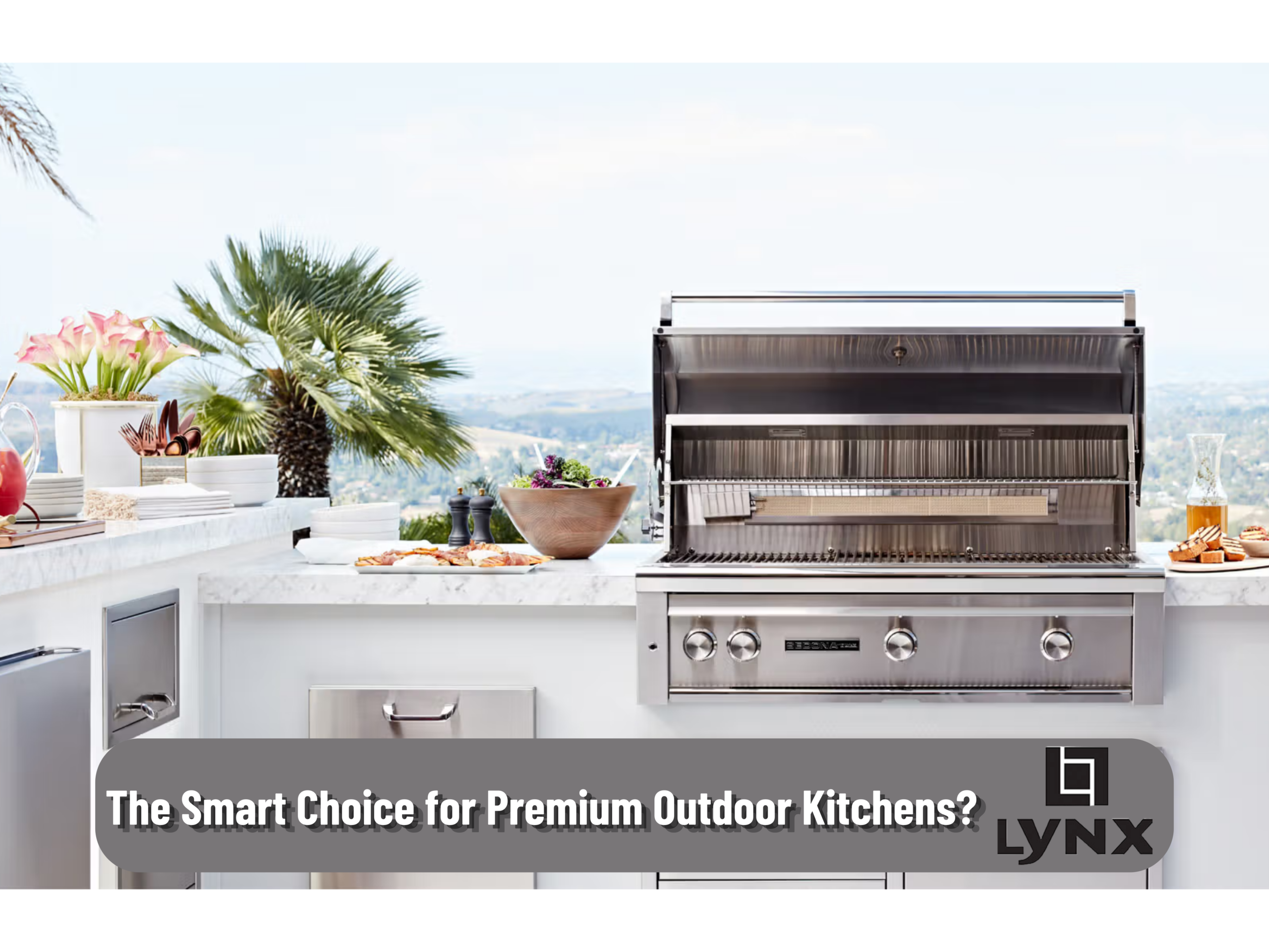Lynx Sedona grill review – Lynx Sedona 36 inch built-in grill with an open hood showcasing ceramic radiant briquettes in a luxury outdoor kitchen setup.