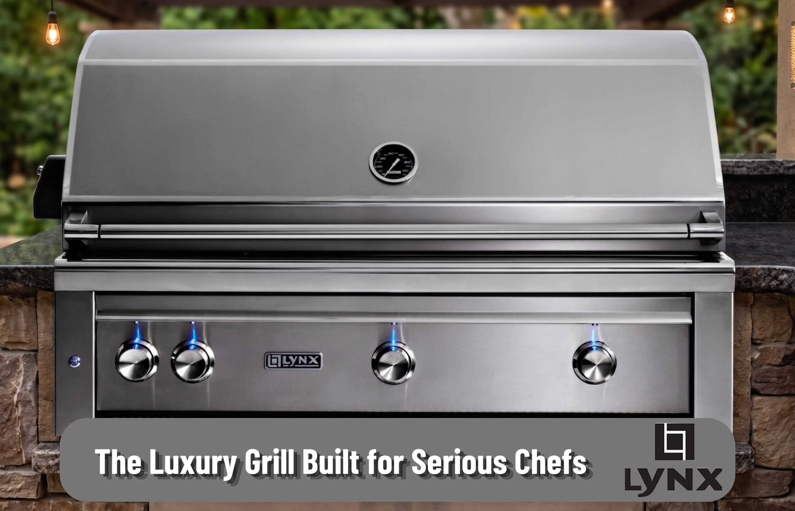 Lynx Professional grill review – Lynx 42-inch built-in natural gas grill with blue LED knobs in outdoor kitchen