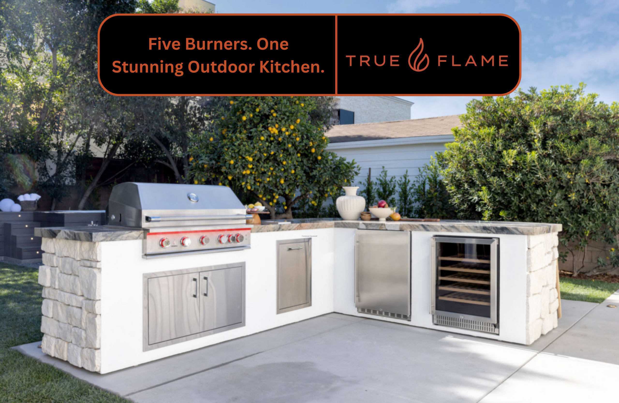 TrueFlame 40 inch grill review – TrueFlame TF40 40-inch 5-burner built-in gas grill with LED lighting in L-shaped outdoor kitchen island