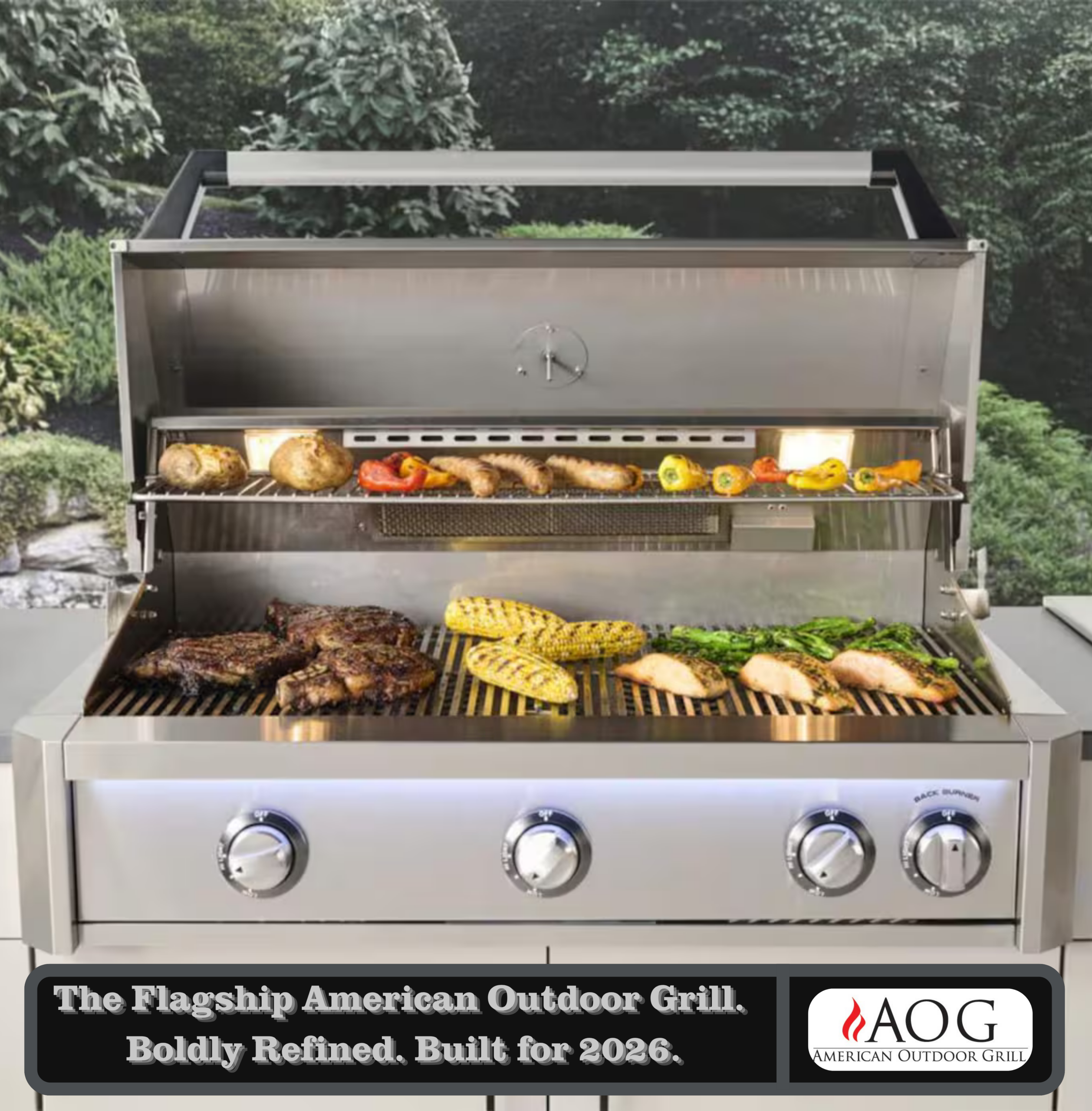 AOG 36 Inch L-Series Grill Review – American Outdoor Grill AOG36LN 36-inch 3-burner built-in natural gas grill with Gun Metal accents and multi-color LED light bar in outdoor kitchen island