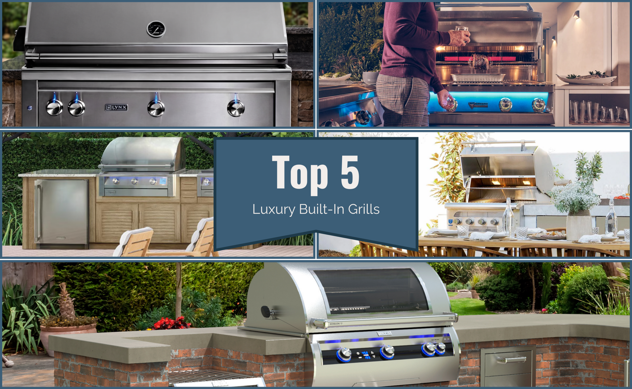 Best Luxury Built-In Grills - collage of five premium luxury built-in gas grills for outdoor kitchens